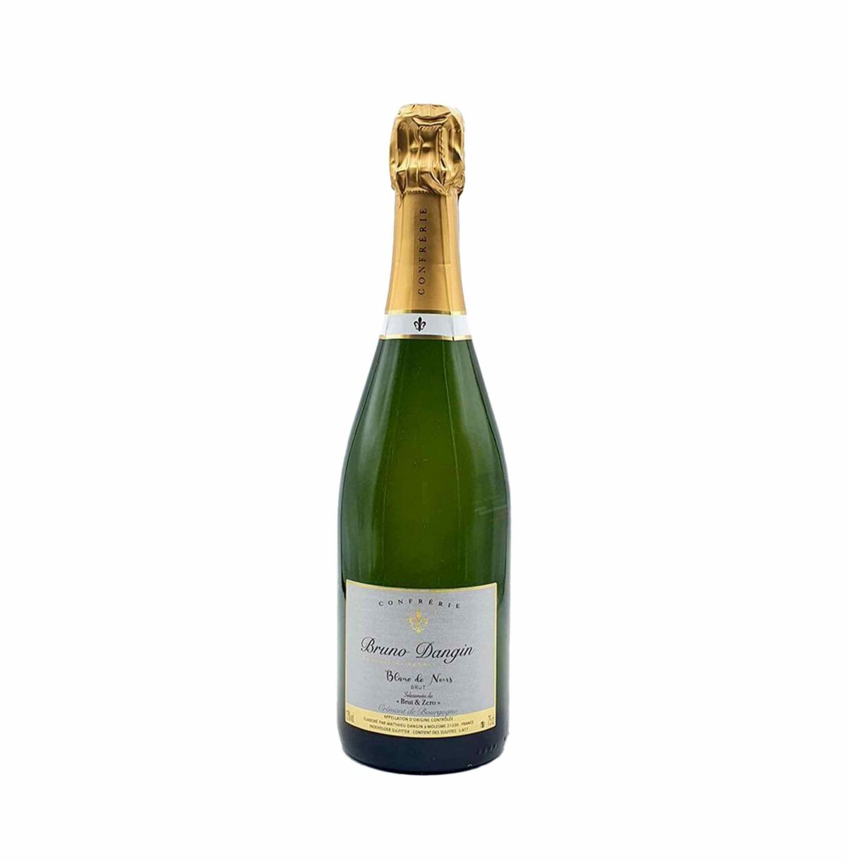 Bottiglia di Bruno Dangin Brut Cuvée Blanche, spumante con note di agrumi e una mineralità vivace.