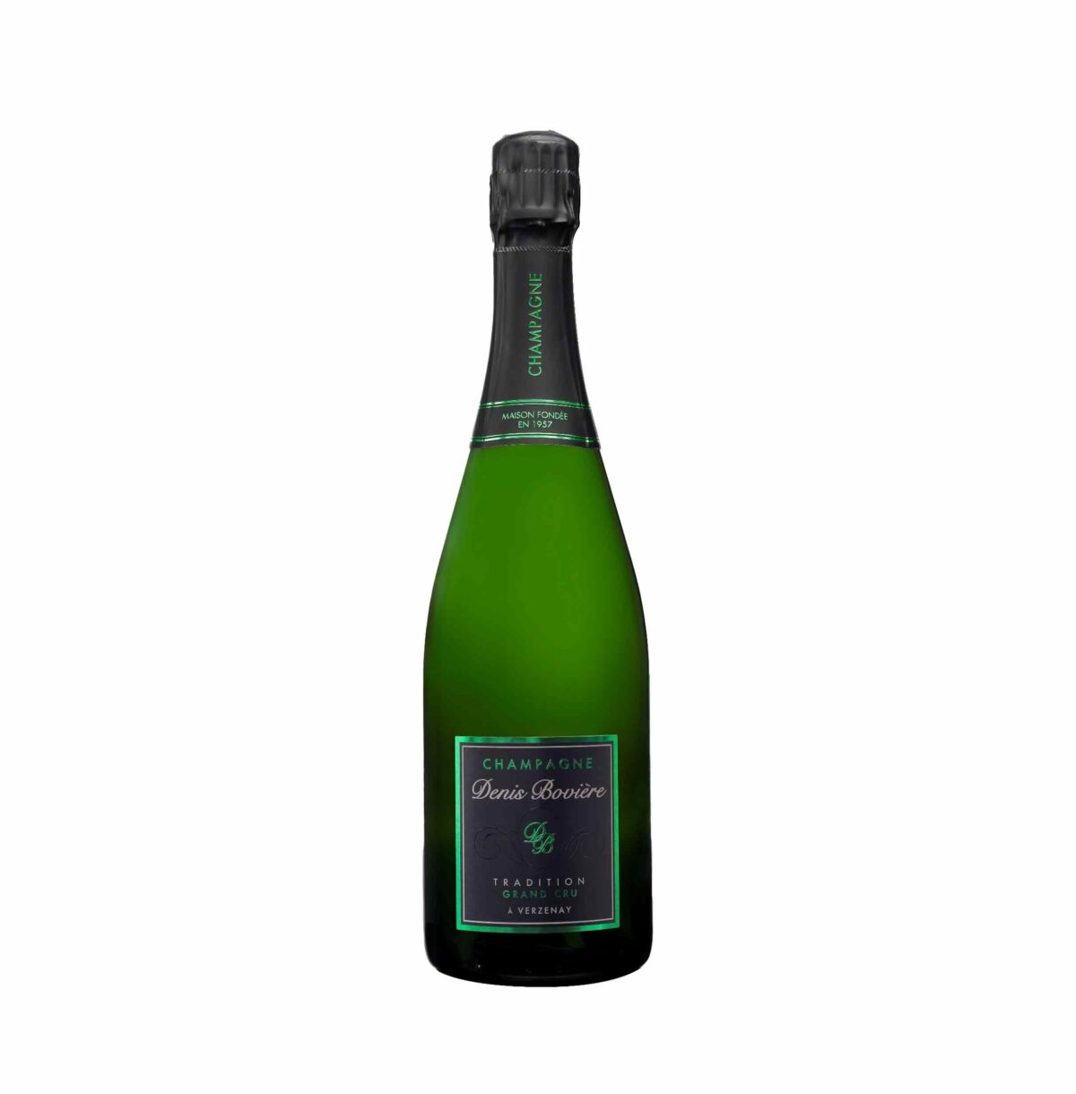 Bottiglia di Denis Boviere Brut Tradition, spumante francese dalle bollicine eleganti e persistenti, ideale per brindisi e occasioni speciali.