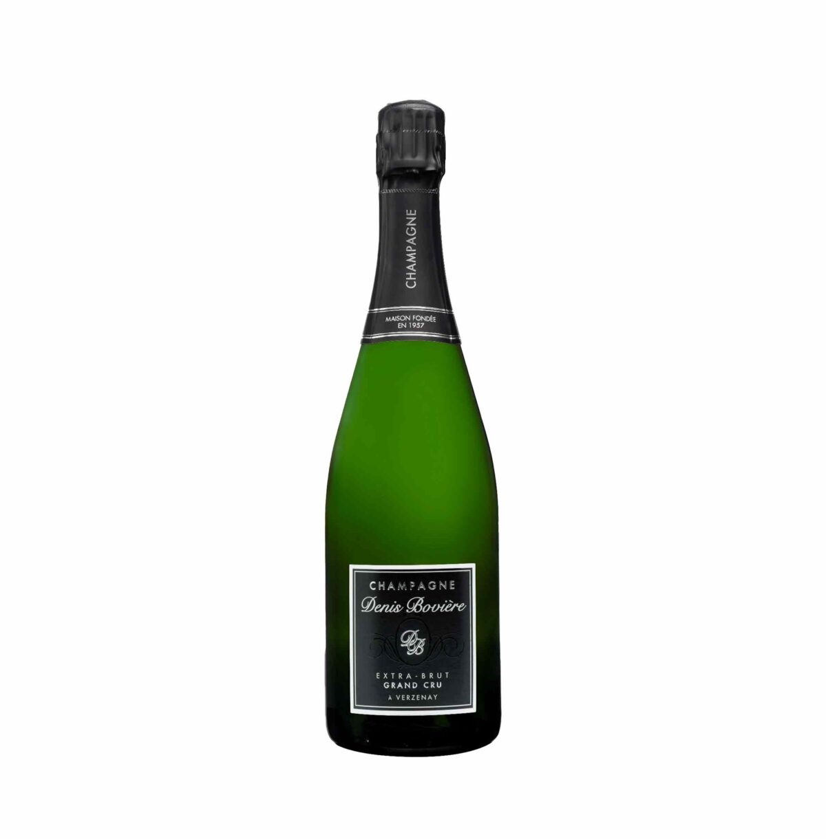 Bottiglia di Denis Boviere Extra Brut, spumante francese secco con bollicine fini e una spuma persistente.