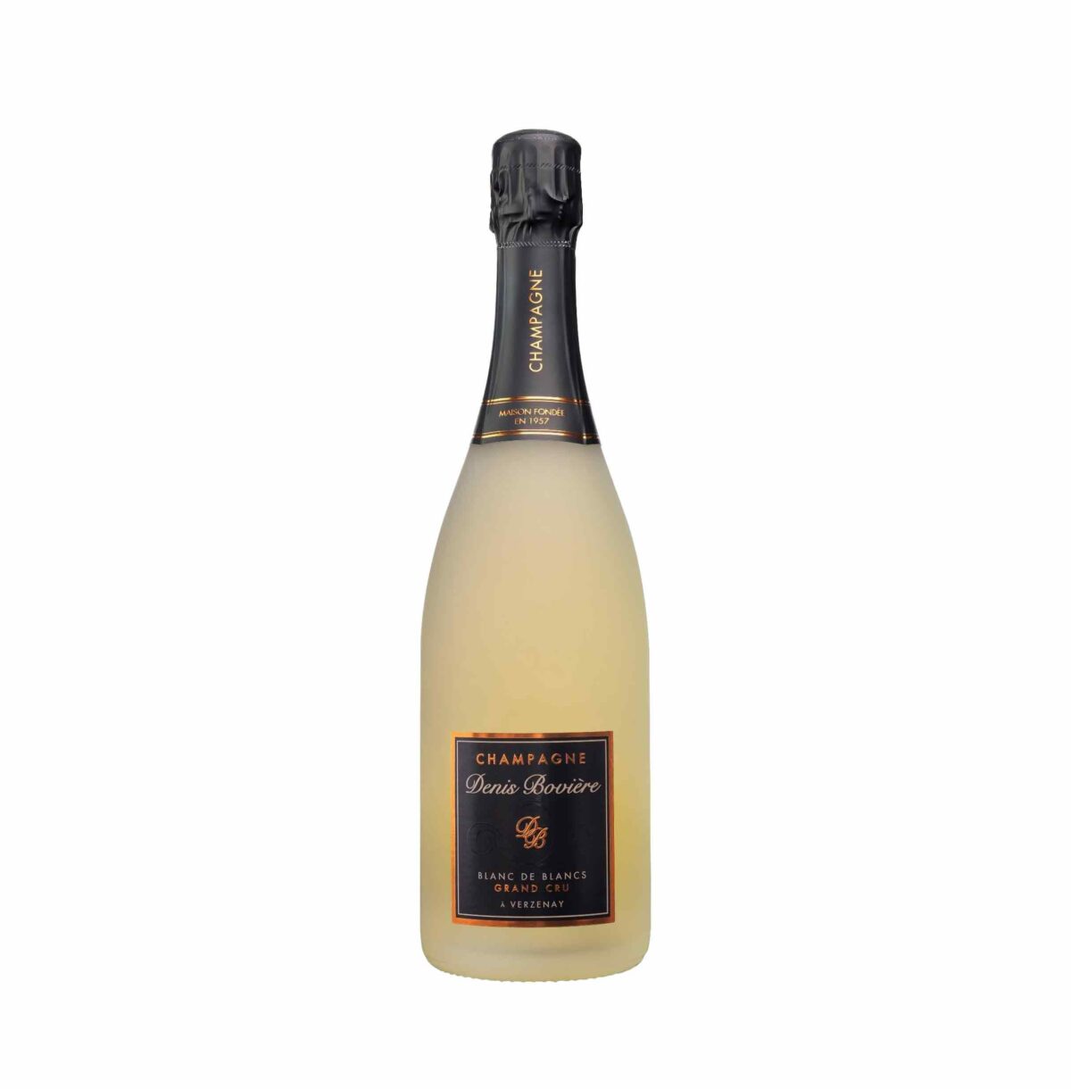 Bottiglia di Denis Boviere Brut Blanc de Blancs, spumante elegante con note di agrumi e fiori bianchi, prodotto interamente da uve Chardonnay.