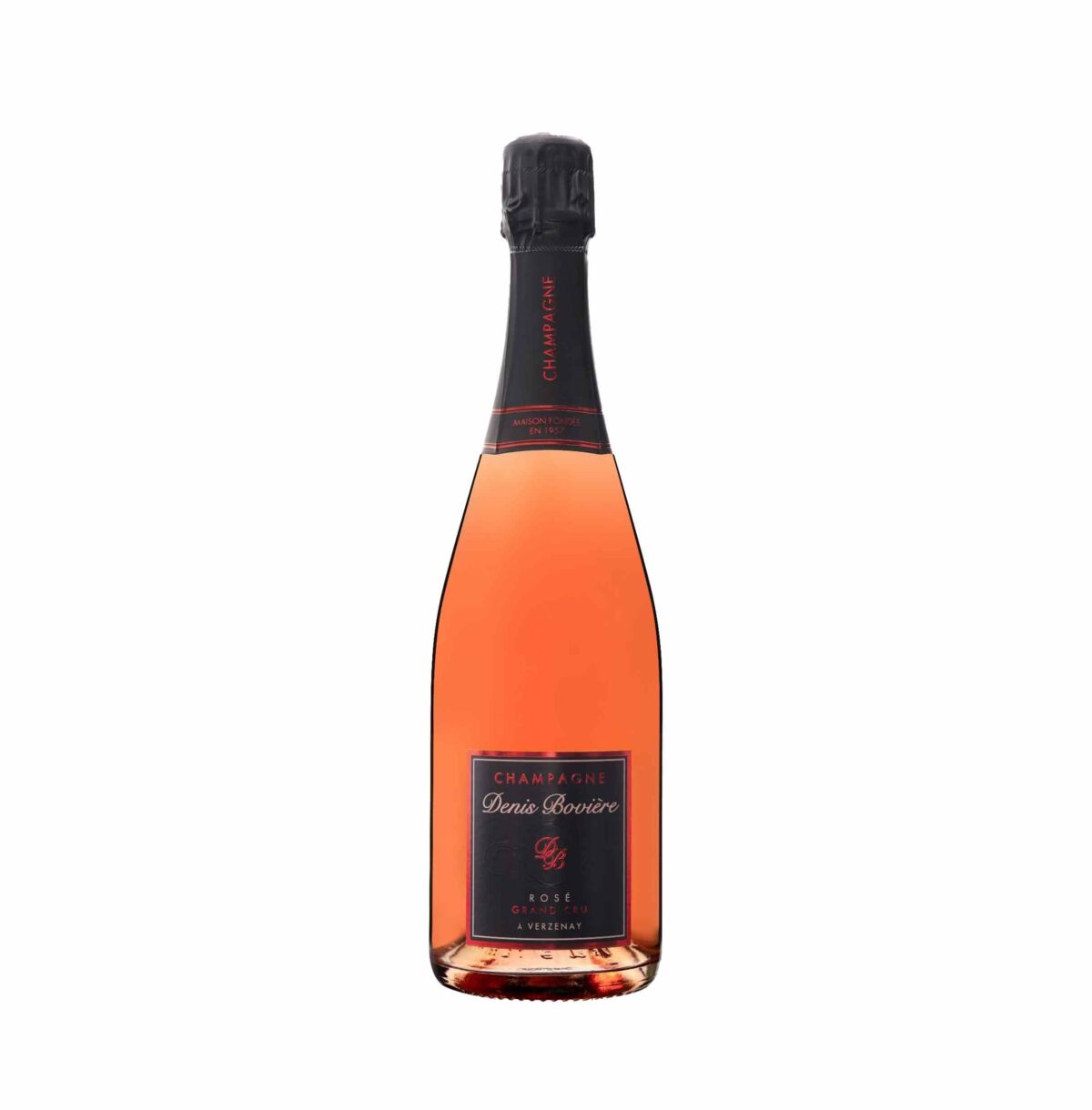 Bottiglia di Denis Boviere Cuvée Rosé, spumante rosé fruttato con note di fragola e lampone, perfetto per occasioni speciali.