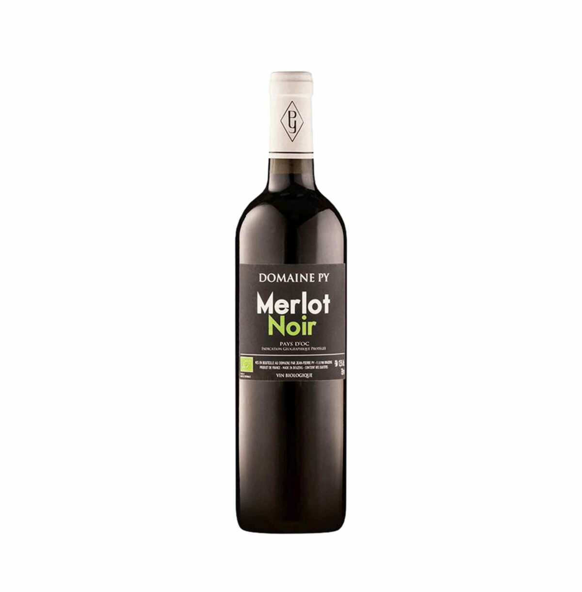 Bottiglia di Domaine PY Merlot IGP d'OC, vino rosso morbido con note di ciliegia e spezie.