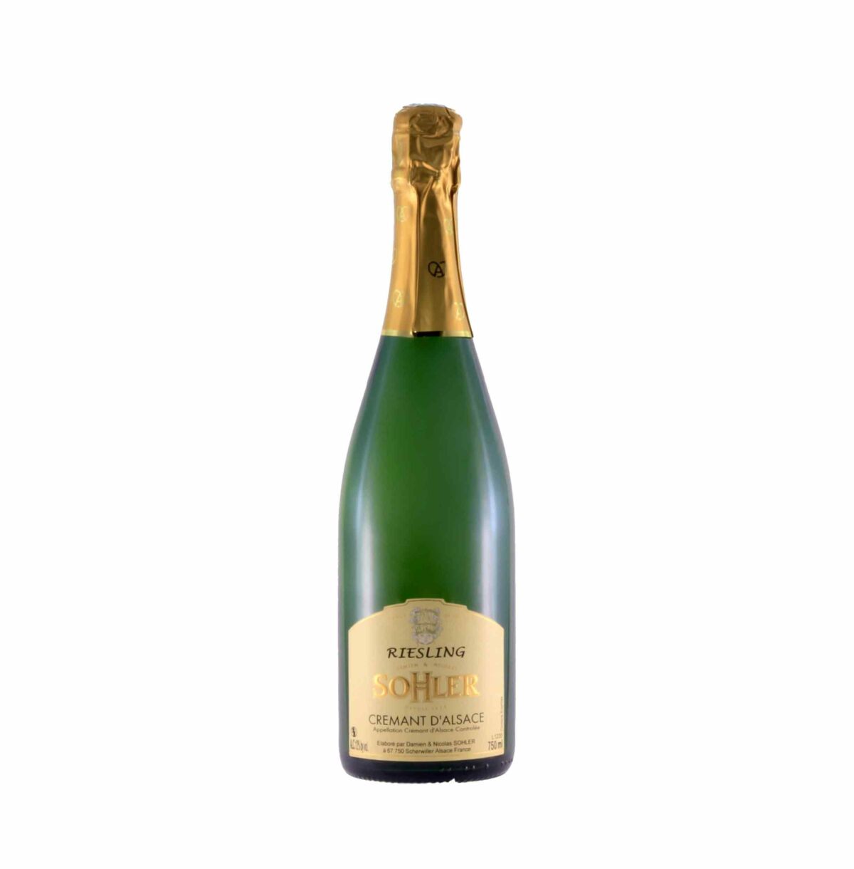 Bottiglia di Frey Solher Brut Riesling, spumante aromatico con note di agrumi e fiori bianchi.