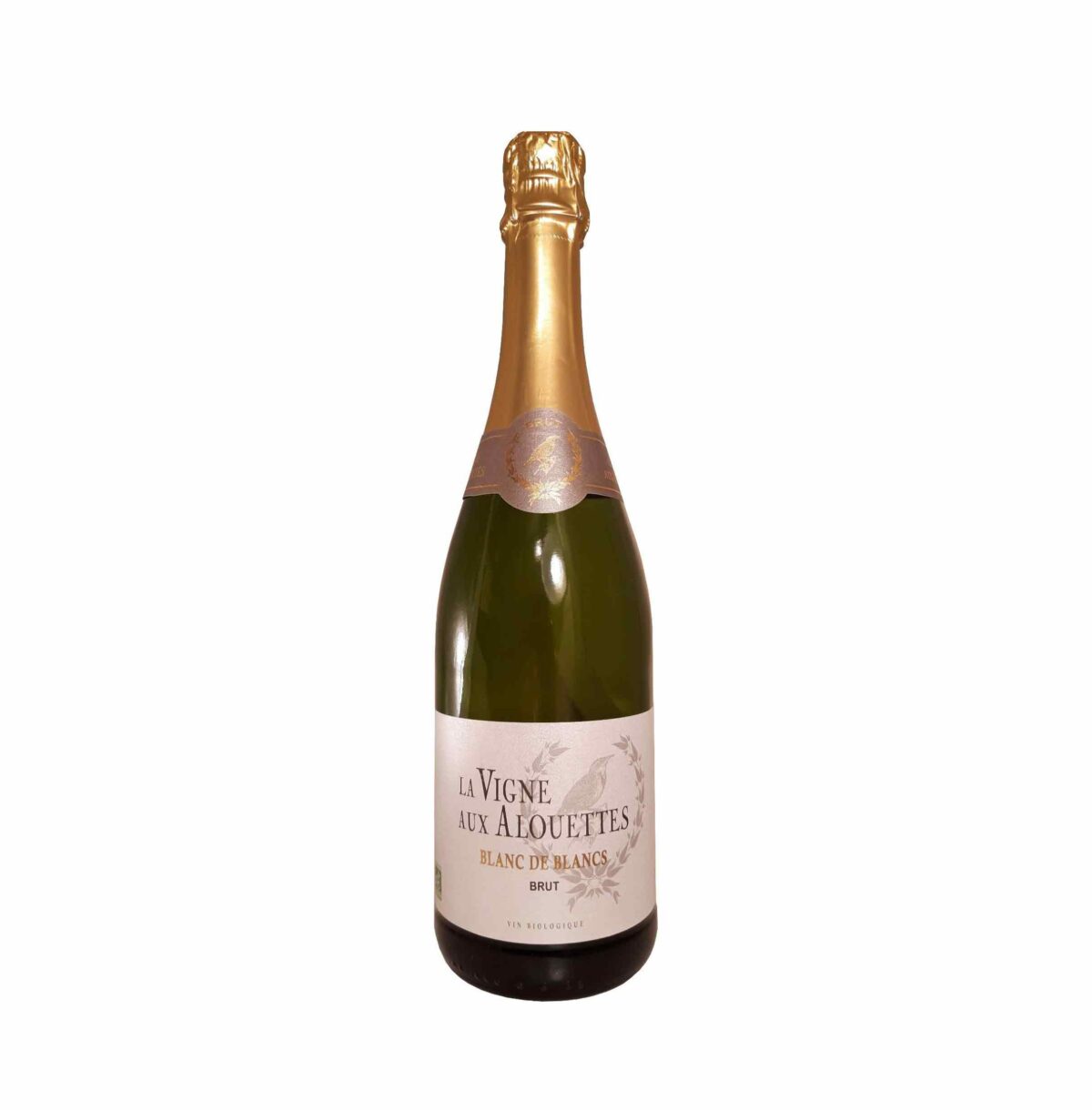 Bottiglia di Maison Jaffelin La Vigne aux Alouettes Brut (BIO), spumante biologico con perlage fine e note di agrumi.