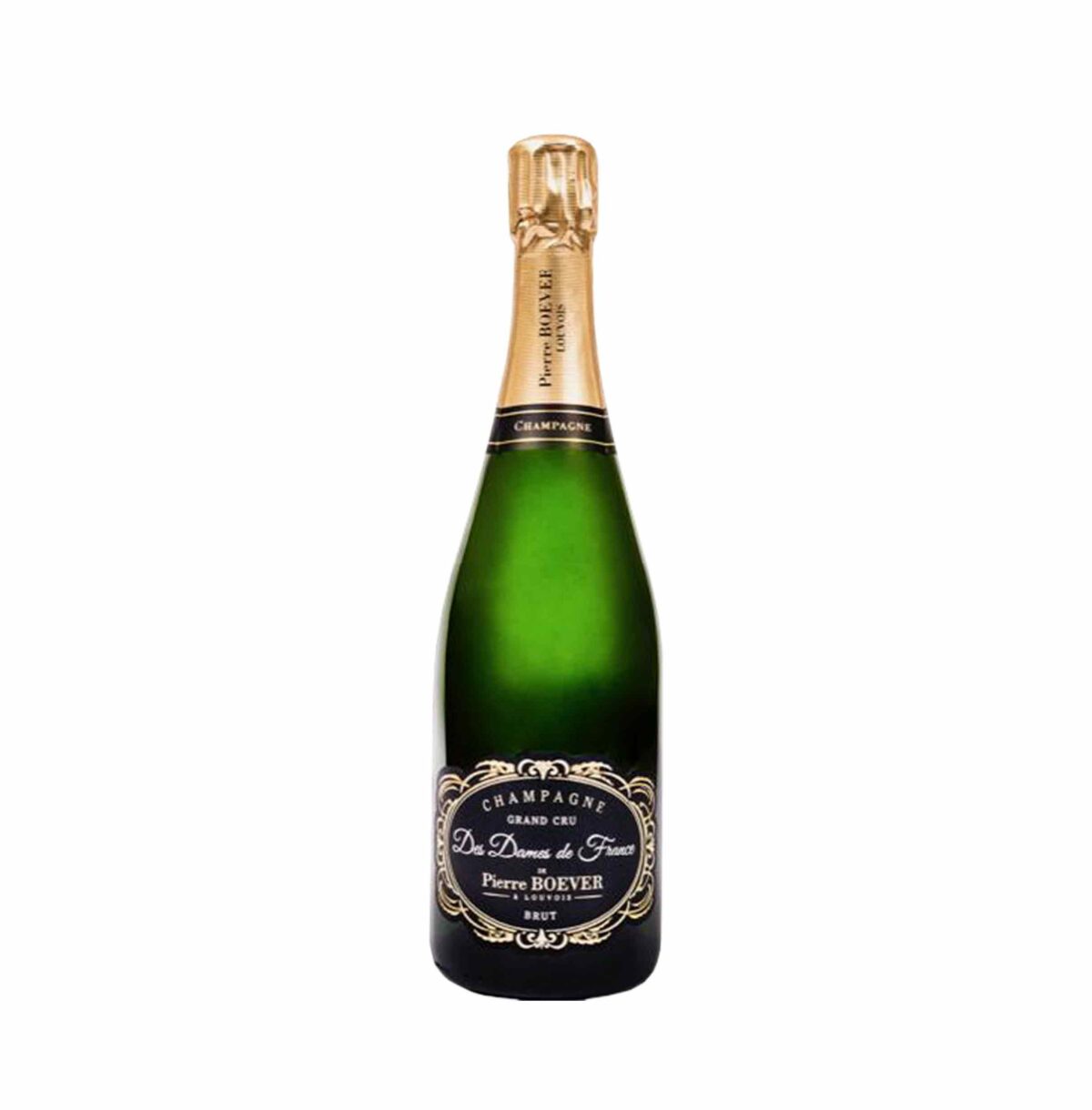 Bottiglia di Pierre Boever Des Dames de France, Champagne elegante e complesso con note di brioche e frutta secca.