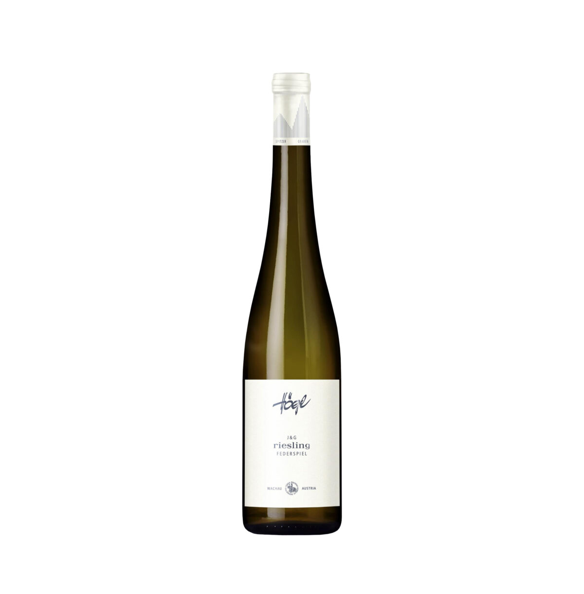 Bottiglia di Tenuta Högl Riesling Federspiel JG 2021, vino bianco aromatico con note di pesca e fiori bianchi.
