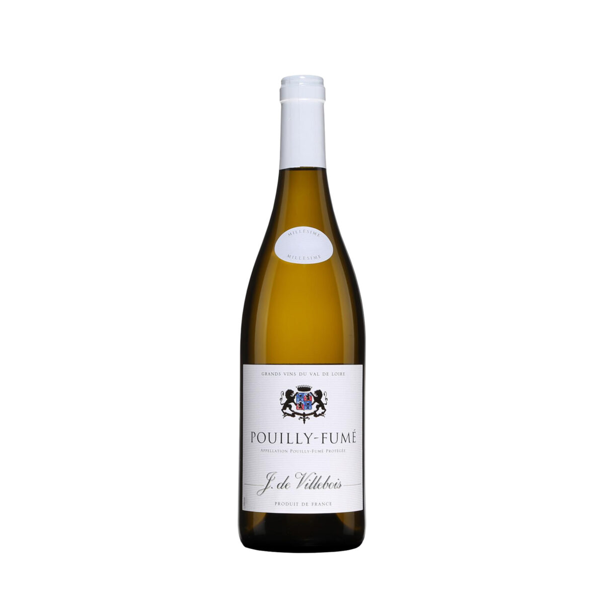 Bottiglia di J. de Villebois Pouilly-Fumé, vino bianco minerale con note di agrumi e fiori bianchi.