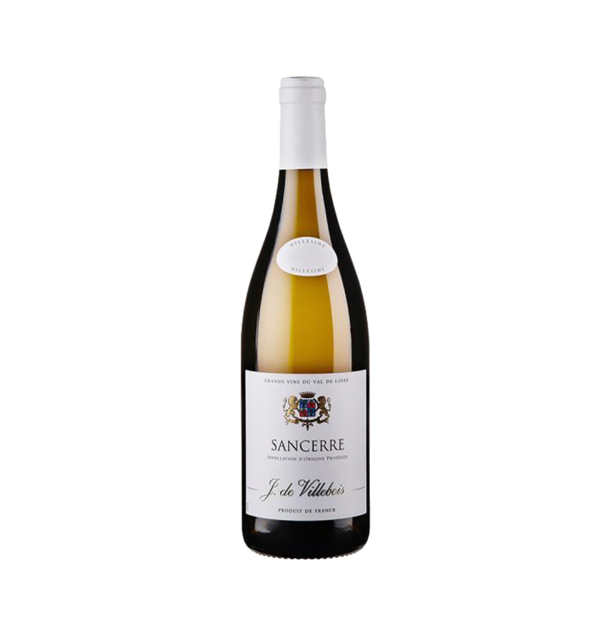 Bottiglia di J. de Villebois Sancerre Blanc, vino bianco elegante con note di agrumi e mineralità.