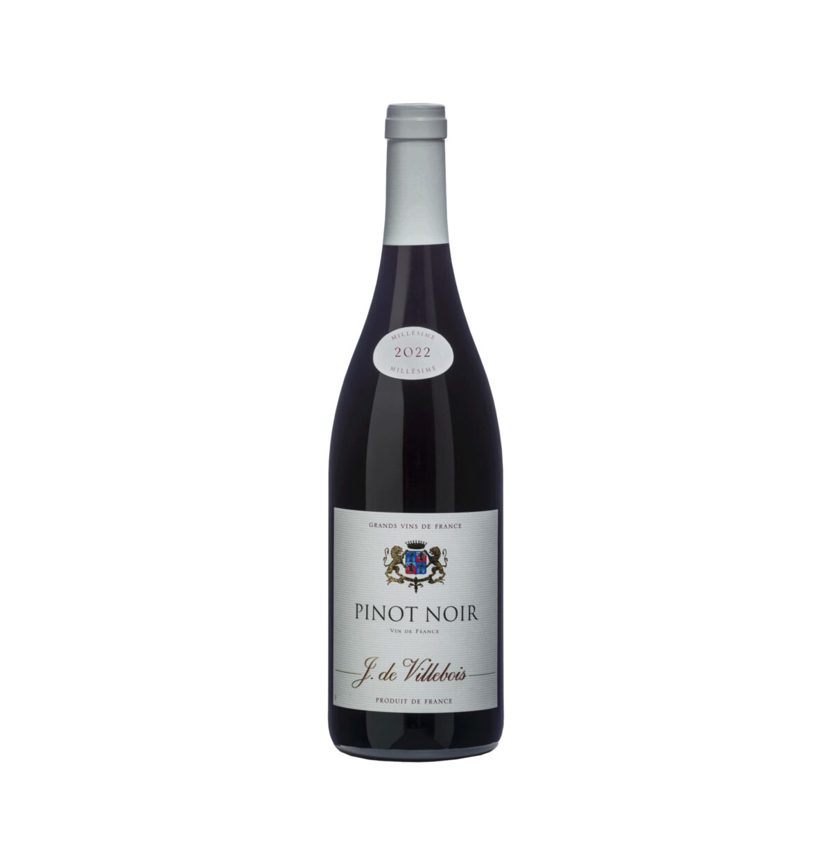 Bottiglia di J. de Villebois Pinot Noir Vin de France, vino rosso elegante con note di frutti rossi e spezie.