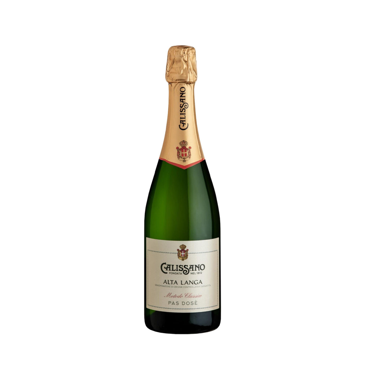 Bottiglia di Calissano Alta Langa Metodo Classico Pas Dosé, spumante secco con note di agrumi e fiori bianchi.