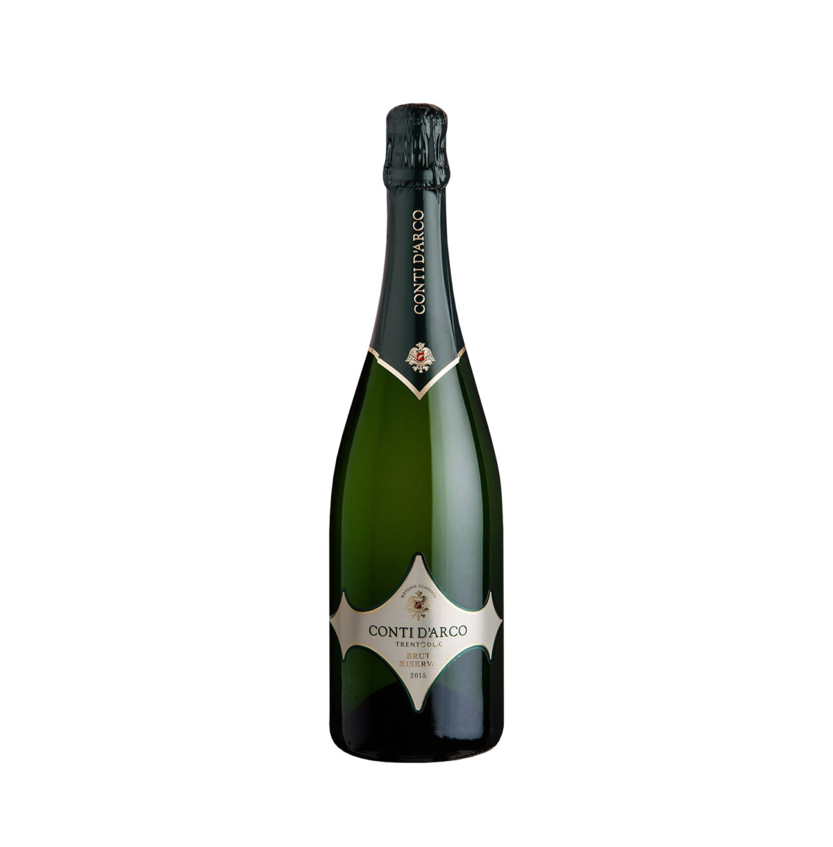 Bottiglia di Conti d'Arco Trento DOC Riserva Brut Metodo Classico, spumante raffinato e complesso.