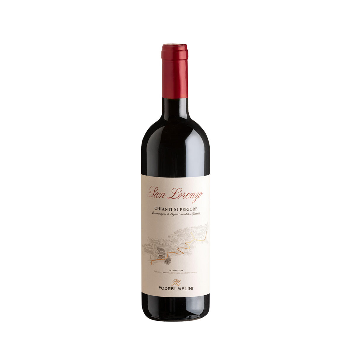 Bottiglia di Melini San Lorenzo Chianti Superiore DOCG, vino rosso toscano con note di frutti di bosco e spezie.