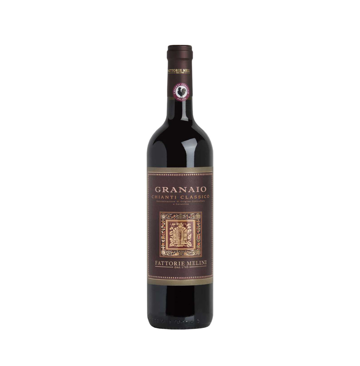 Bottiglia di Melini Granaio Chianti Classico DOCG, vino rosso con note di frutti di bosco e spezie.
