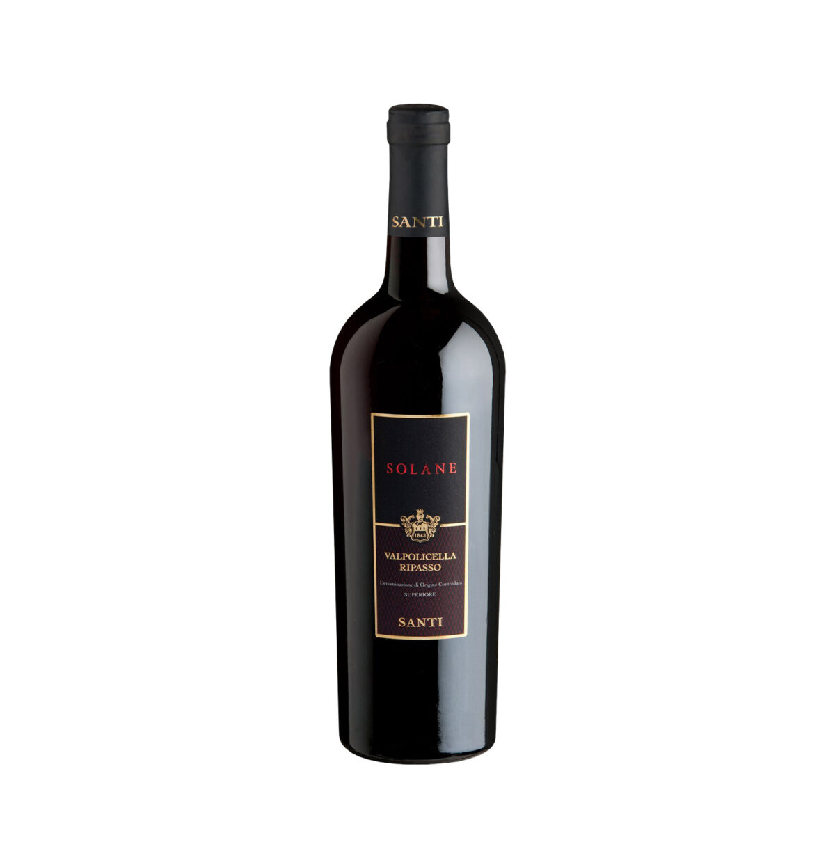 Bottiglia di Santi Solane Valpolicella Ripasso DOC Classico Superiore, vino rosso intenso e corposo.