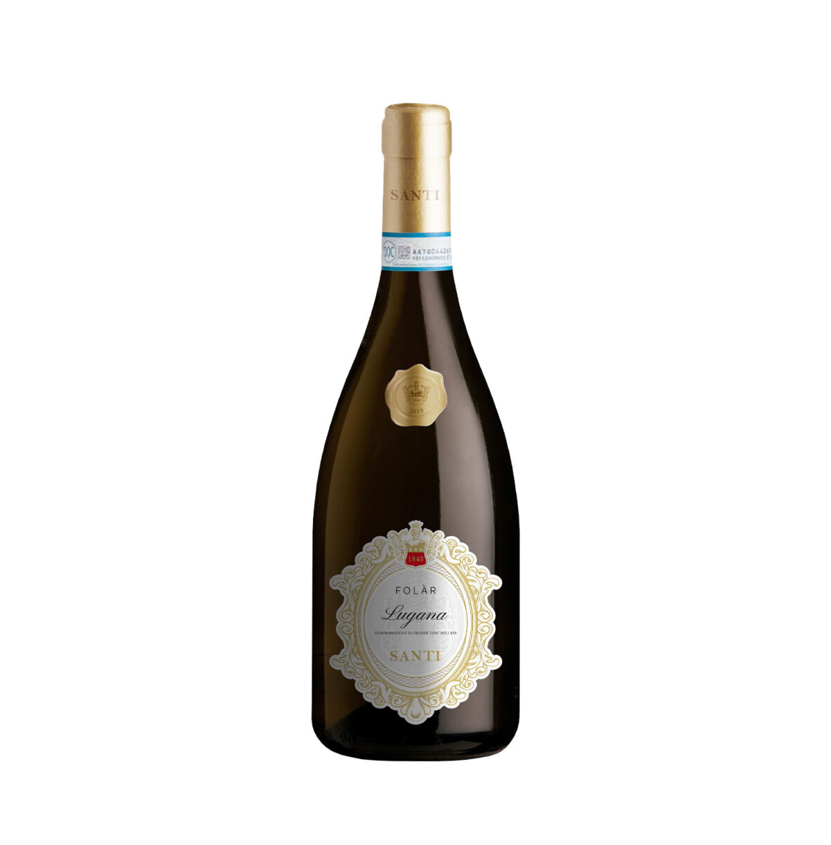 Bottiglia di Santi Folar Lugana DOC, vino bianco fresco con note floreali e agrumate.