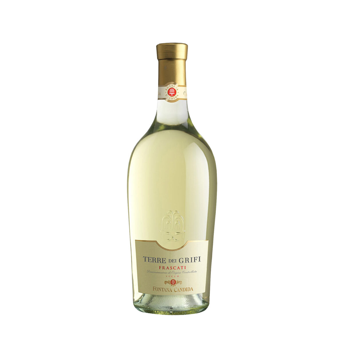 Bottiglia di Fontana Candida Terre dei Grifi Frascati DOC, vino bianco aromatico con note floreali.
