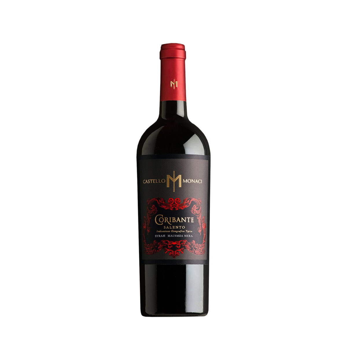 Bottiglia di Castello Monaci Coribante Rosso Salento IGT, vino rosso intenso con note di frutti di bosco e spezie.